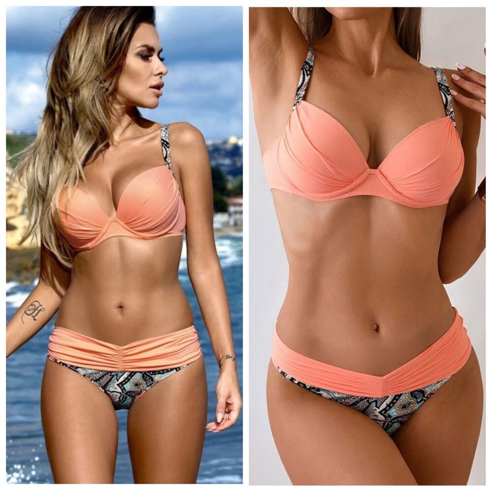 Coral floral ruched push up bikini set sz M